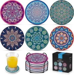 Set Of 6 Mandala Absorbent Ceramic Stone Coasters For Drinks