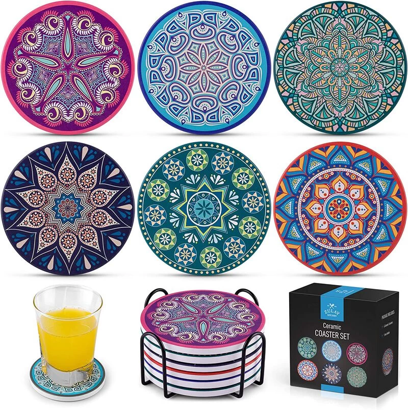 Set Of 6 Mandala Absorbent Ceramic Stone Coasters For Drinks