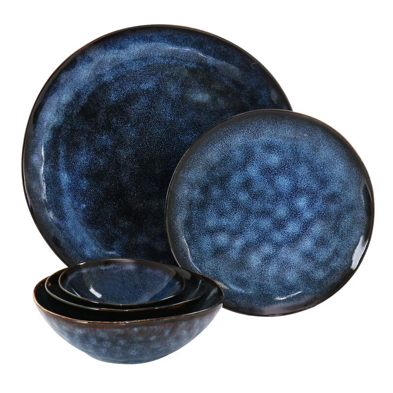 Elama Lucca 20 Piece Round Stoneware Triple Bowl Dinnerware Set In Reactive Glaze Blue - Image 3