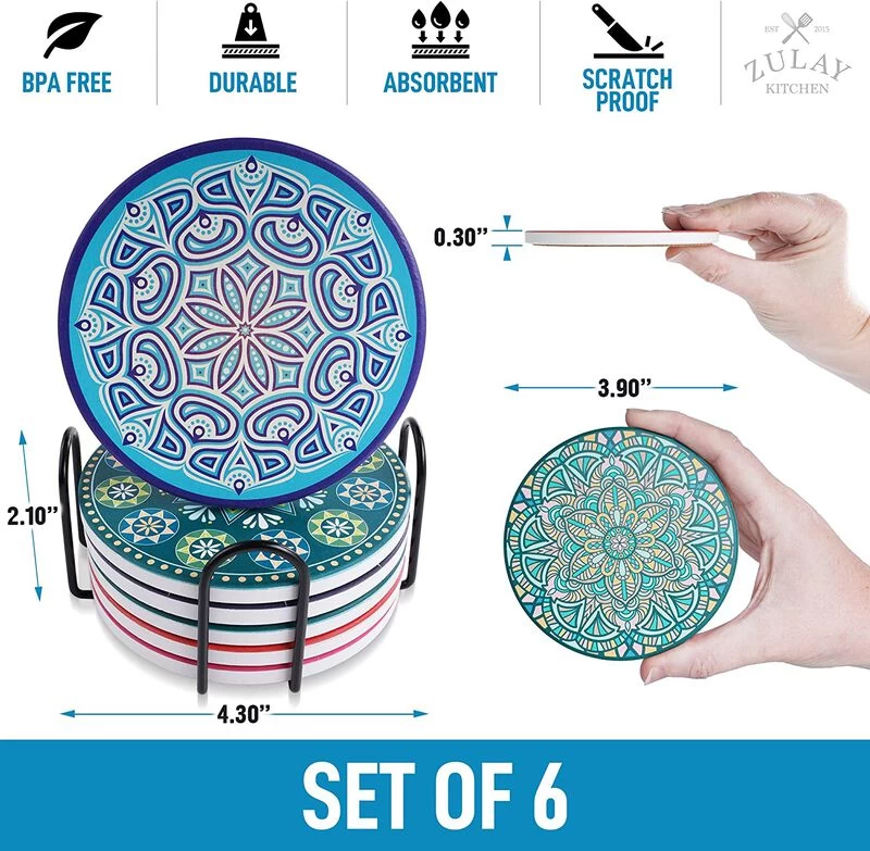 Set Of 6 Mandala Absorbent Ceramic Stone Coasters For Drinks - Image 3