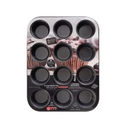 Baker's Secret 12 Cup Muffin Pan, Cupcake Pan, Non-stick Coating 2x Layers, Heavy Gauge Carbon Steel, Dark Gray Advanced Collection