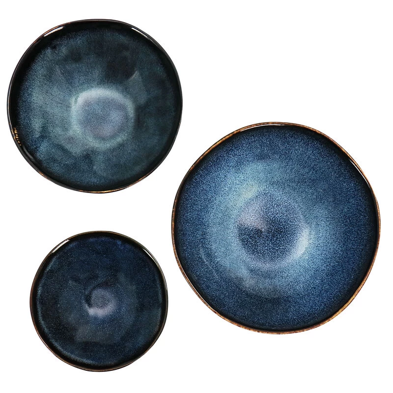 Elama Lucca 20 Piece Round Stoneware Triple Bowl Dinnerware Set In Reactive Glaze Blue - Image 5