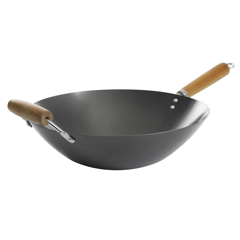 Kenmore Hammond 14 Inch Flat Bottom Carbon Steel Wok In Black With Wooden Handles