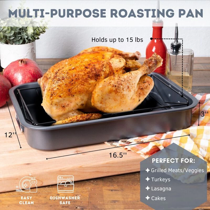 16.5" Non-Stick Carbon Steel Roasting Pan With V Shaped Rack - Image 3