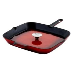 MegaChef 11 Inch Square Enamel Cast Iron Grill Pan With Matching Grill Press In Red With Press