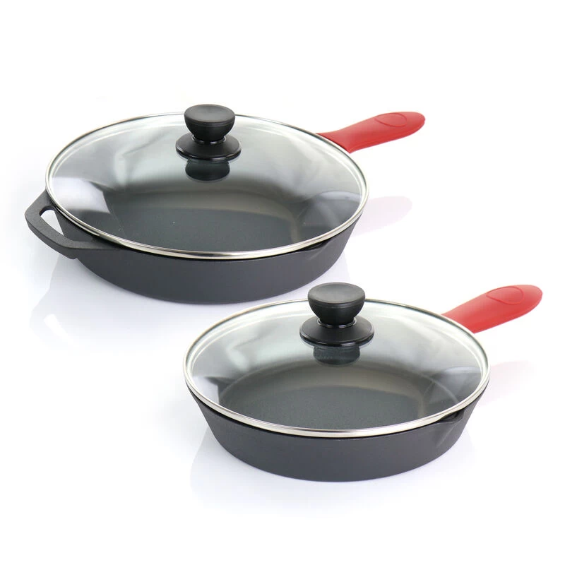 MegaChef Pre-Seasoned 6 Piece Cast Iron Skillet Set With Lids And Red Silicone Holders - Image 6