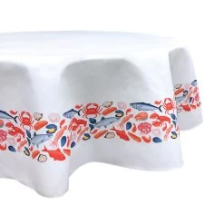 Fabric Textile Products, Inc. Round Tablecloth, 100% Polyester, Fresh Seafood Garland White