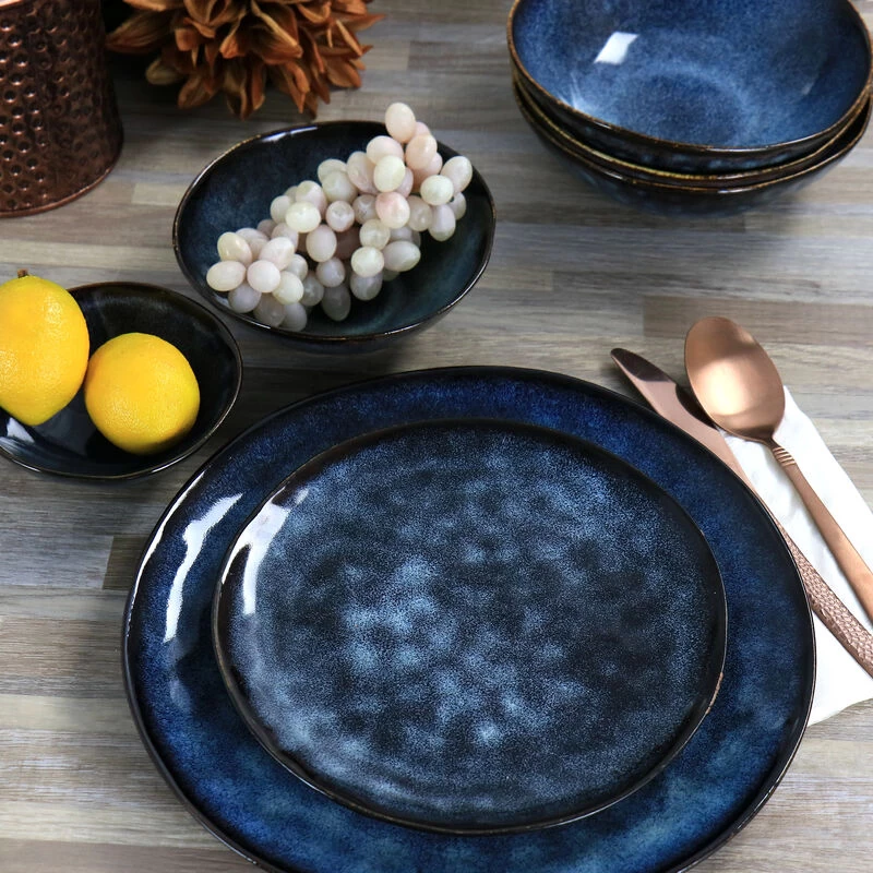 Elama Lucca 20 Piece Round Stoneware Triple Bowl Dinnerware Set In Reactive Glaze Blue - Image 2