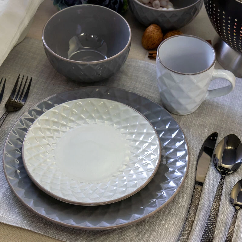 Elama Tahitian Diamond 16 Piece Stoneware Dinnerware Set In Slate And Pearl - Image 2