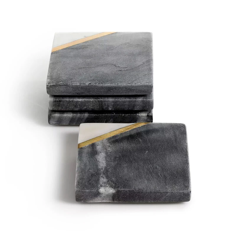 Laurie Gates Marble With Gold Accent Four Piece Square Coaster Set In Grey - Image 3
