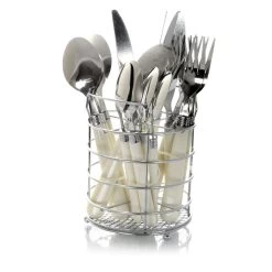 Gibson Sensations II 16 Piece Stainless Steel Flatware Set With White Handles And Chrome Caddy