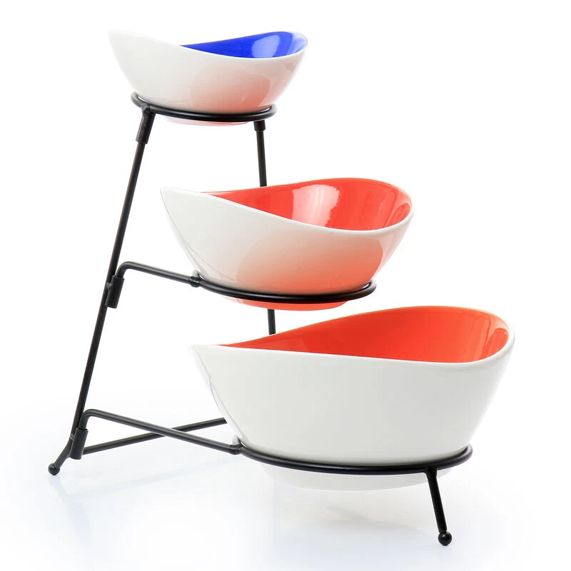 Gibson Home Crenshaw 4 Piece Hand Painted Stoneware 3-Tier Serving Bowl Set With Metal Rack - Image 8