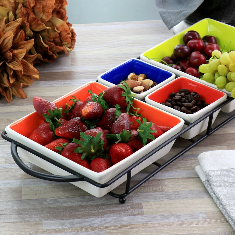 Gibson Home Crenshaw 5 Piece Hand Painted Stoneware Sectional Tray Set With Metal Rack - Image 2