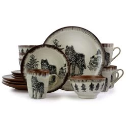 Elama Majestic Wolf 16 Piece Luxurious Stoneware Dinnerware With Complete Setting For 4