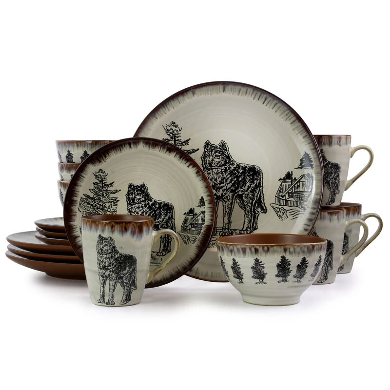 Elama Majestic Wolf 16 Piece Luxurious Stoneware Dinnerware With Complete Setting For 4