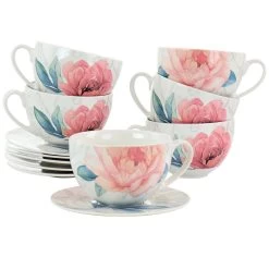 Martha Stewart 12 Piece Ceramic Flora 18 Ounce Cup And Saucer Set In White