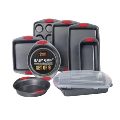 Baker's Secret Bakeware Set 9 Pieces, Easy Grip Carbon Steel Non-stick Durable Set Of 9 Bakeware Set, 12Cup Muffin Pan, 2x Large Cookie Sheet, 2x Round Pan, Load Pan, Square Pan, Roaster With Lid, Gift Packaging, Baking Essentials Dark Grey And Red
