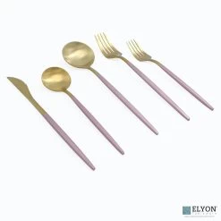 20-Piece Matte Gold/Black Flatware Set, Stainless Steel, Black Thin Handles, Service For 4 Pink Gold