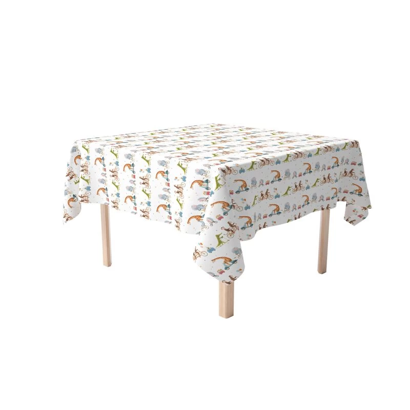 Fabric Textile Products, Inc. Square Tablecloth, 100% Cotton, Animals On Bikes Design White