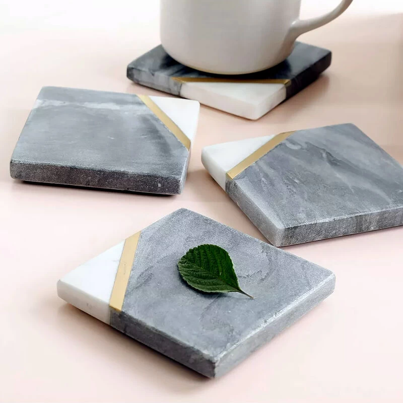 Laurie Gates Marble With Gold Accent Four Piece Square Coaster Set In Grey - Image 4