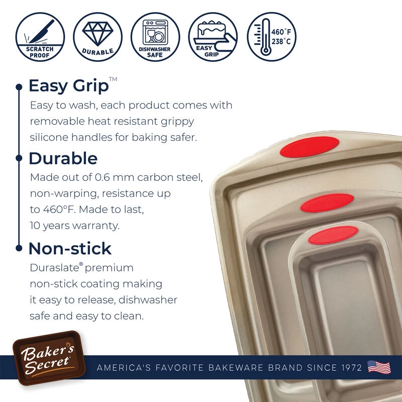 Baker's Secret Bakeware Set 7 Pieces, Easy Grip Carbon Steel Non-stick Durable Set Of 7 Bakeware Set Cookie Sheet, 2x Round Cake Pans, Loaf Pan, Sqaure Pan, Roaster With Lid, Gift Packaging, Baking Essentials Gold And Red - Image 2