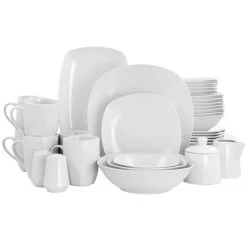 Gibson Home Classic Pearl Fine Ceramic 39 Piece Soft Square Dinnerware Combo Set In White