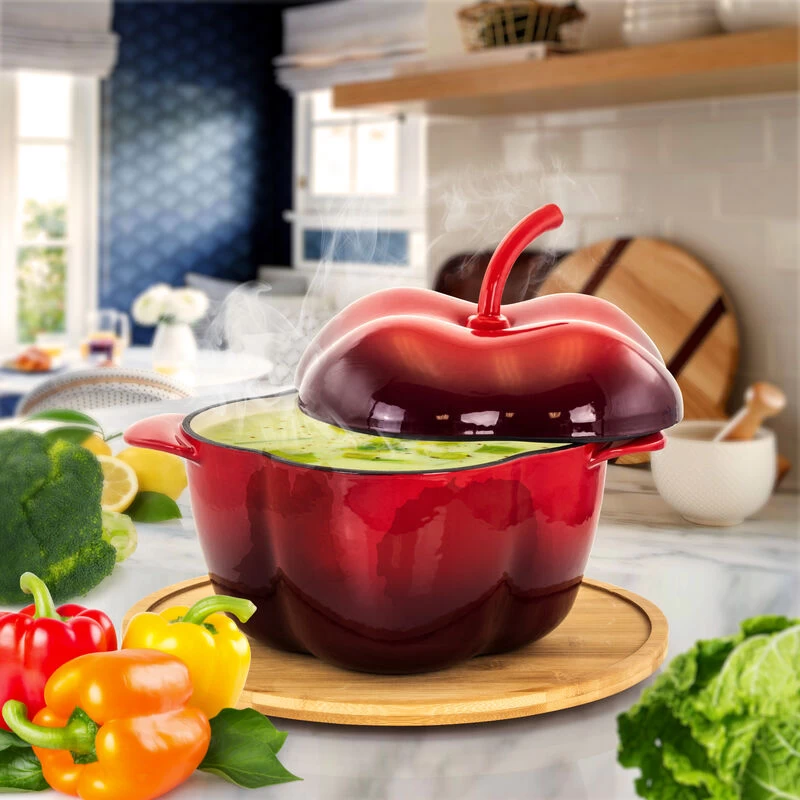 MegaChef Pepper Shaped 3 Quart Enameled Cast Iron Casserole In Red - Image 2