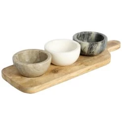 Laurie Gates California Designs Marble And Mango Wood 4 Piece Condiment Bowl And Paddle Board Set