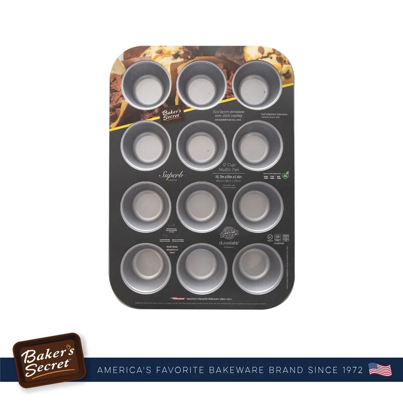 Baker's Secret 12cup Muffin Cupcake Pan, 2Layers Non-stick Coating, Aluminized Steel, Dark Gray, Superb Collection - Image 3