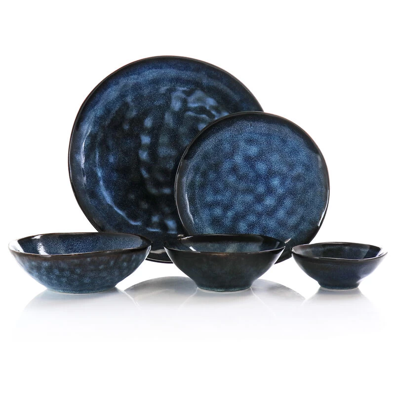 Elama Lucca 20 Piece Round Stoneware Triple Bowl Dinnerware Set In Reactive Glaze Blue - Image 4