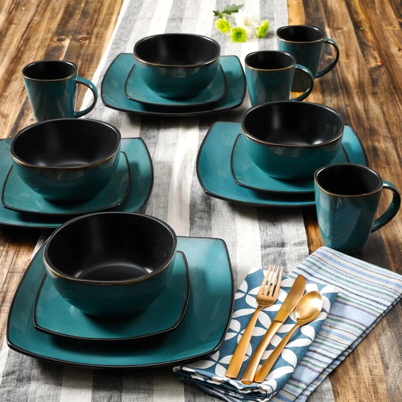 Gibson Soho Lounge 16-Piece Soft Square Dinnerware Set In Teal Green - Image 3