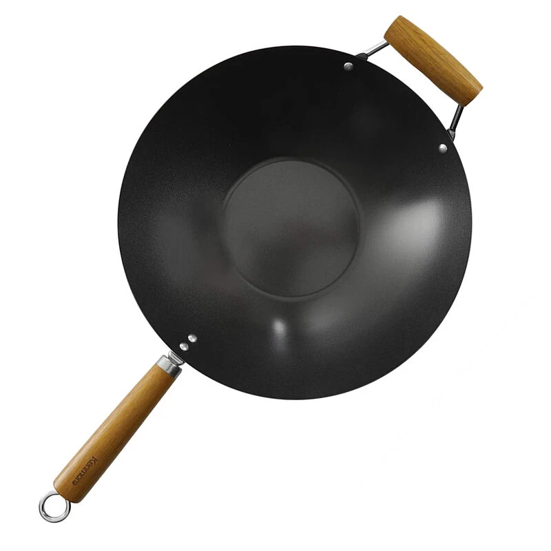 Kenmore Hammond 14 Inch Flat Bottom Carbon Steel Wok In Black With Wooden Handles - Image 7