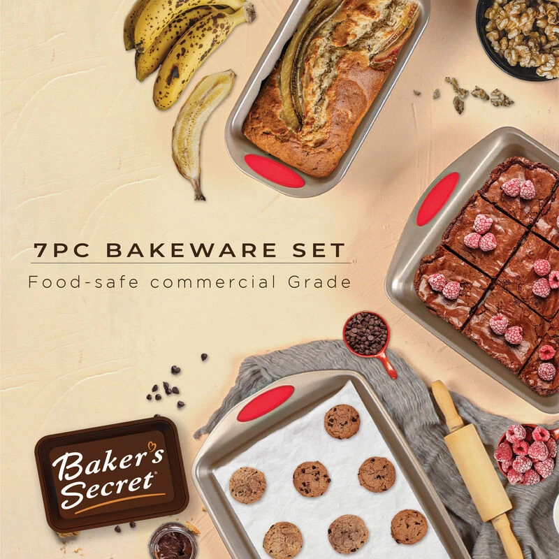 Baker's Secret Bakeware Set 7 Pieces, Easy Grip Carbon Steel Non-stick Durable Set Of 7 Bakeware Set Cookie Sheet, 2x Round Cake Pans, Loaf Pan, Sqaure Pan, Roaster With Lid, Gift Packaging, Baking Essentials Gold And Red - Image 3