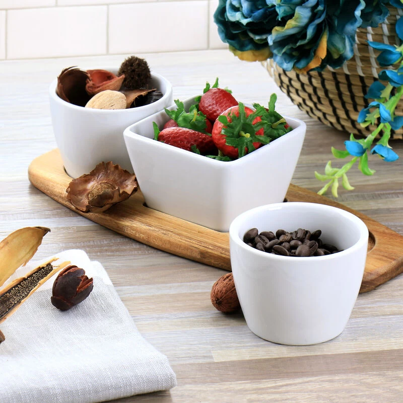 Gibson Elite Gracious Dining 4 Piece Fine Ceramic Tidbit Dish Set With Acacia Wood Base - Image 7
