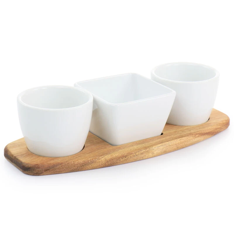 Gibson Elite Gracious Dining 4 Piece Fine Ceramic Tidbit Dish Set With Acacia Wood Base - Image 2