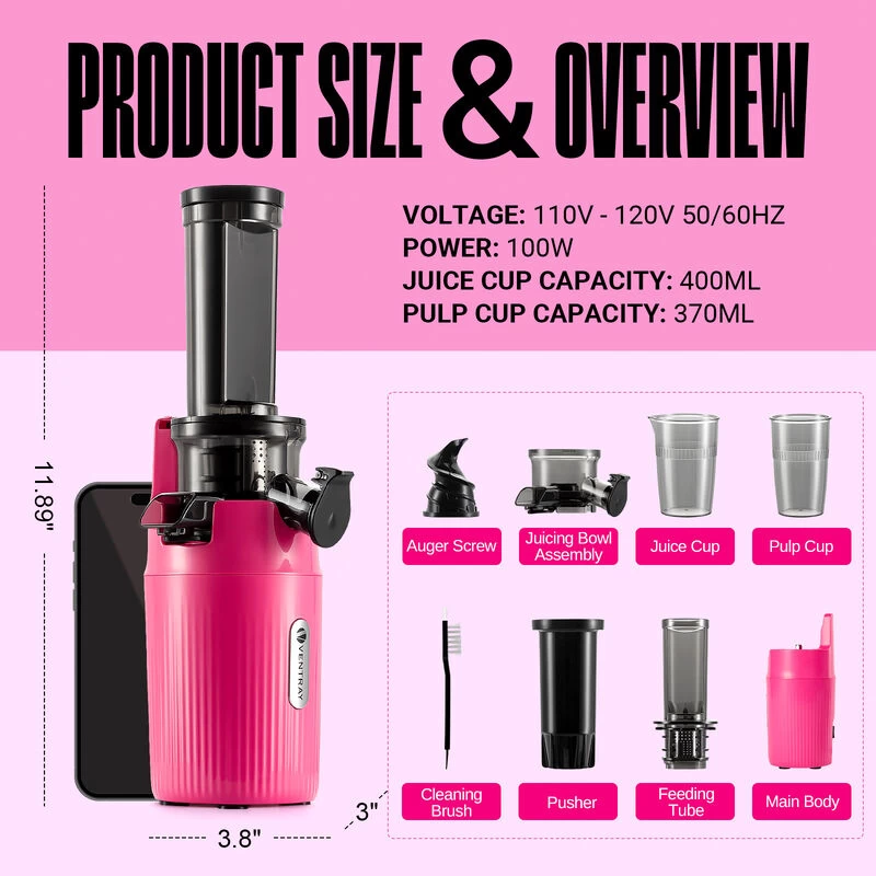 Ventray Essential Ginnie Juicer Compact Small Cold Press Masticating Slow Juicer Pink - Image 5