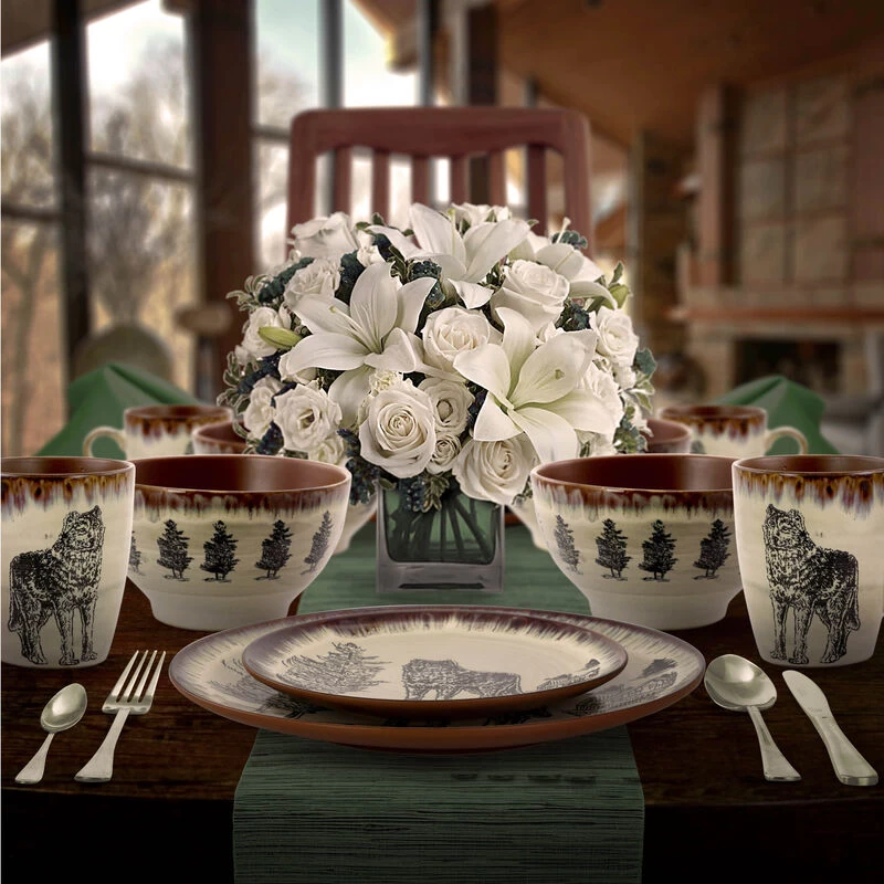 Elama Majestic Wolf 16 Piece Luxurious Stoneware Dinnerware With Complete Setting For 4 - Image 2
