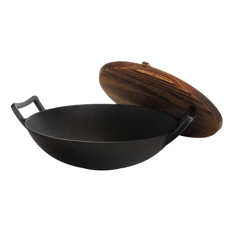 MegaChef 2 Piece 14 Inch Heavy Duty Cast Iron Wok With Wood Lid - Image 7