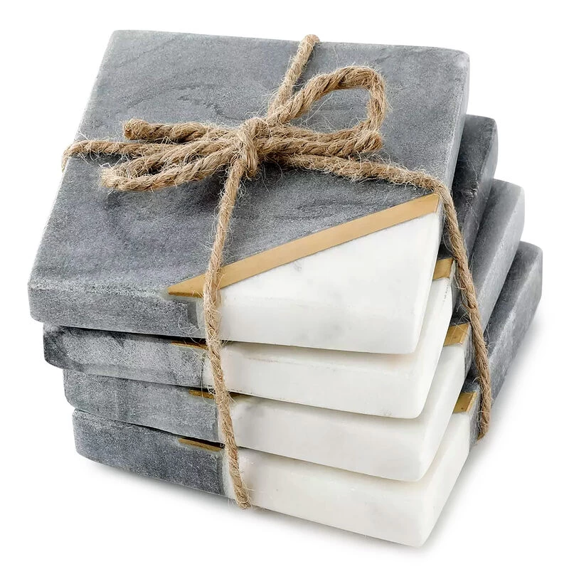 Laurie Gates Marble With Gold Accent Four Piece Square Coaster Set In Grey - Image 2