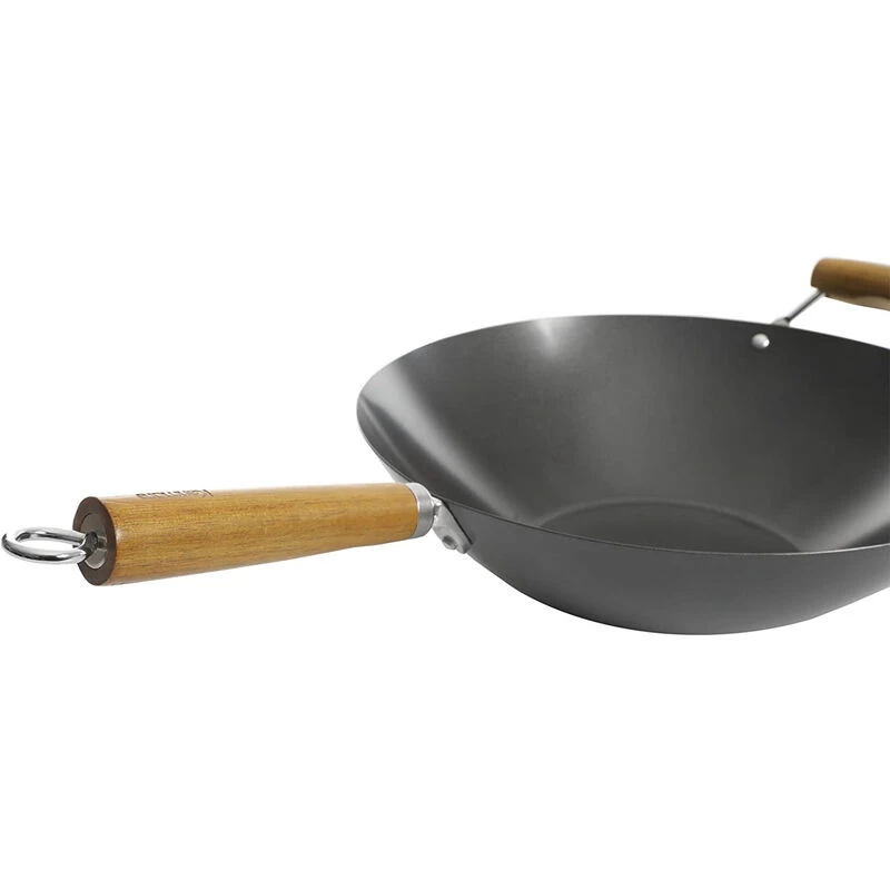 Kenmore Hammond 14 Inch Flat Bottom Carbon Steel Wok In Black With Wooden Handles - Image 2