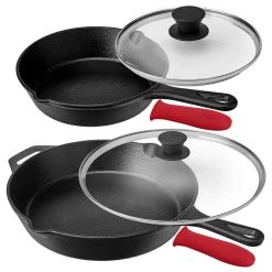 MegaChef Pre-Seasoned 6 Piece Cast Iron Skillet Set With Lids And Red Silicone Holders