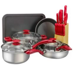 MegaChef 22 Piece Aluminum Cookware Combo Set In Red
