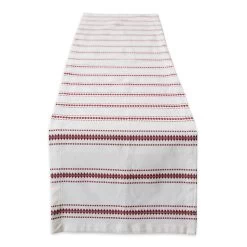 14" X 108" Barn Red And White Zig Dobby Stripe Decorative Table Runner