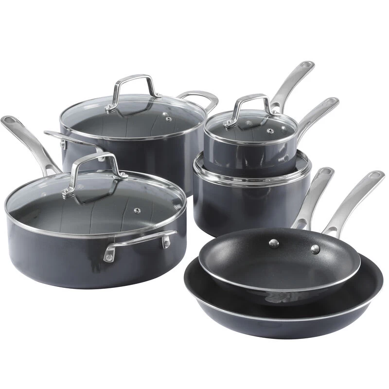 Martha Stewart Lockton 10 Piece Aluminum Nonstick Enamel Cookware Set In Gray With Lids