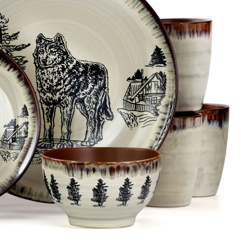 Elama Majestic Wolf 16 Piece Luxurious Stoneware Dinnerware With Complete Setting For 4 - Image 5