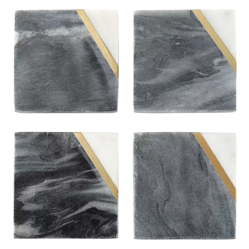 Laurie Gates Marble With Gold Accent Four Piece Square Coaster Set In Grey