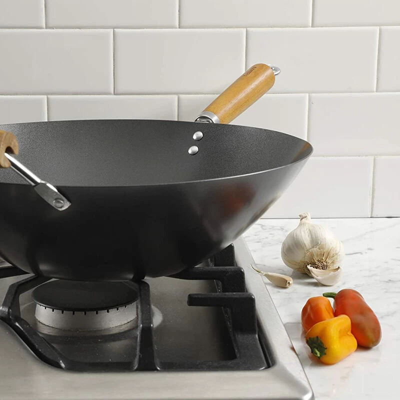 Kenmore Hammond 14 Inch Flat Bottom Carbon Steel Wok In Black With Wooden Handles - Image 3