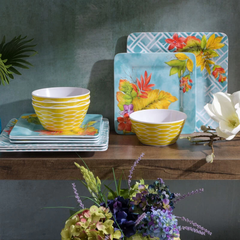 Laurie Gates Tropicalla 12 Piece Square Melamine Dinnerware Set - Image 9