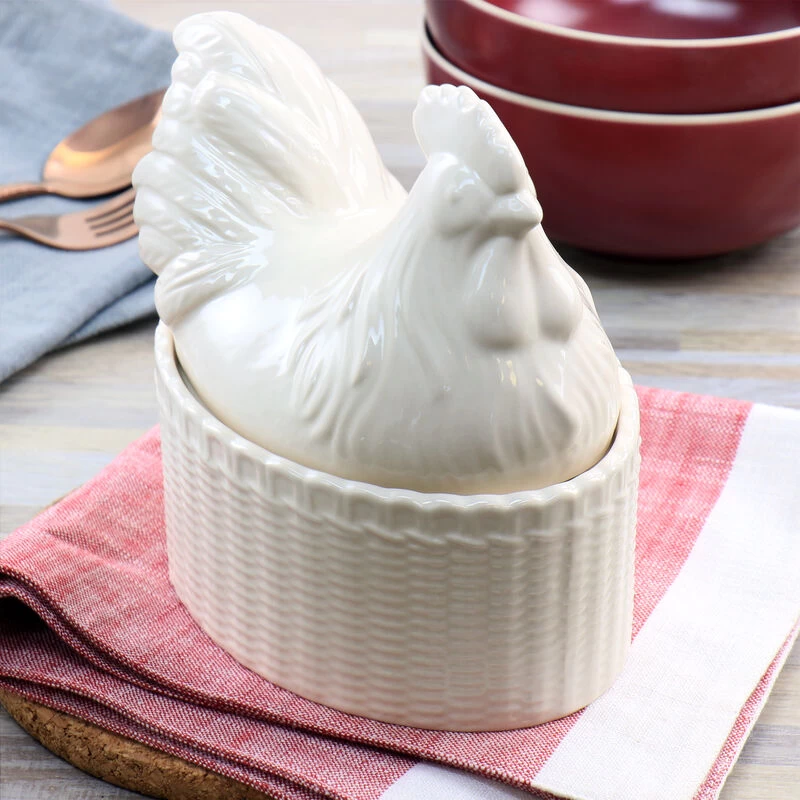 Martha Stewart 6 Inch Stoneware Sculpted Rooster Covered Oval Baker In Cream - Image 7