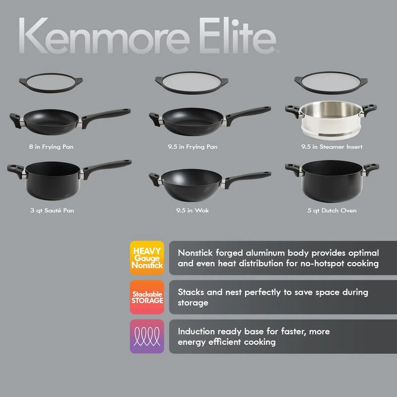 Kenmore Elite Grayson 9 Piece Nonstick Aluminum Stackable Cookware Set In Black - Image 2